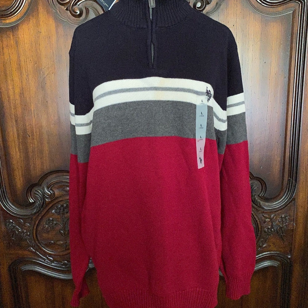 New Polo Ralph Lauren Men's Red, White, & Navy Blue Zip Pullover Sweater Size L